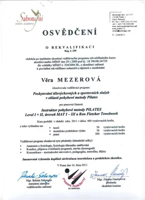 Osvědčení o rekvalifikaci — Instruktor pohybové metody Pilates, Sabongui Pilates Academy, 2011