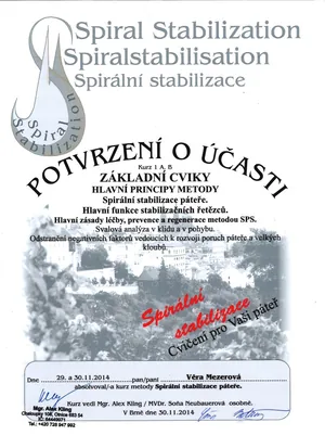 Potvrzení o účasti — Spirální stabilizace páteře, kurz 1 A, B, Brno 2014