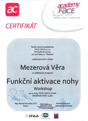 Certifikát FACE CZECH Academy — Funkční aktivace nohy, workshop, Praha 2013